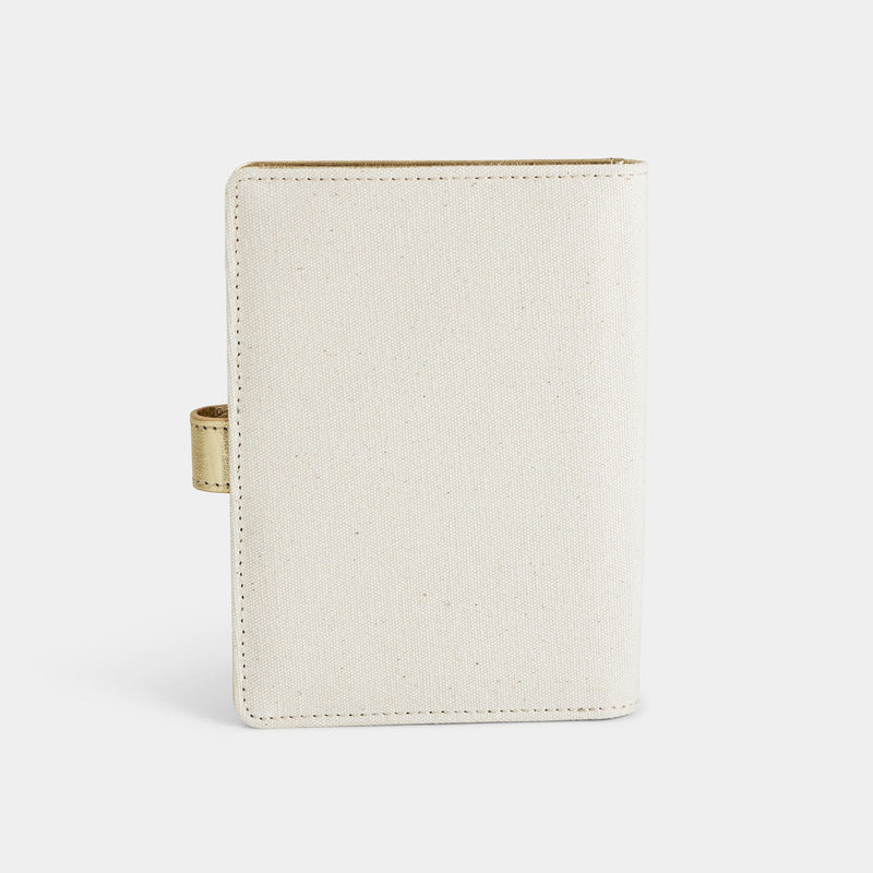 Back product view of the Navigator leather passport holder in white with gold trim