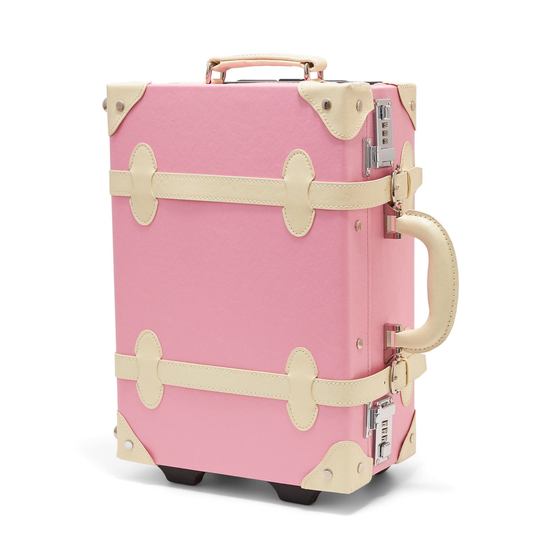 Angled product view of the kids carry-on Entrepreneur vegan leather suitcase in pink
