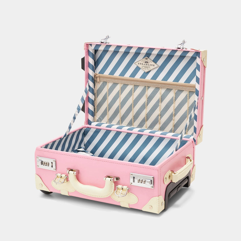 Open product view of the kids carry-on Entrepreneur vegan leather suitcase in pink with blue-white stripe print lining