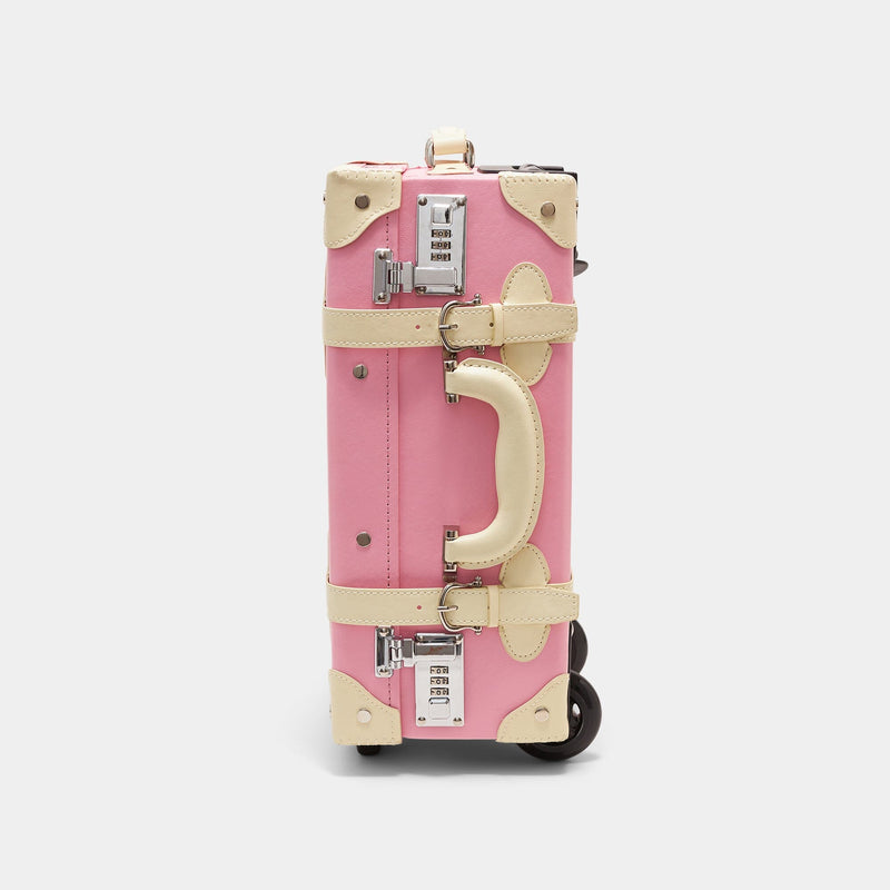 Side product view of the kids carry-on Entrepreneur vegan leather suitcase in pink