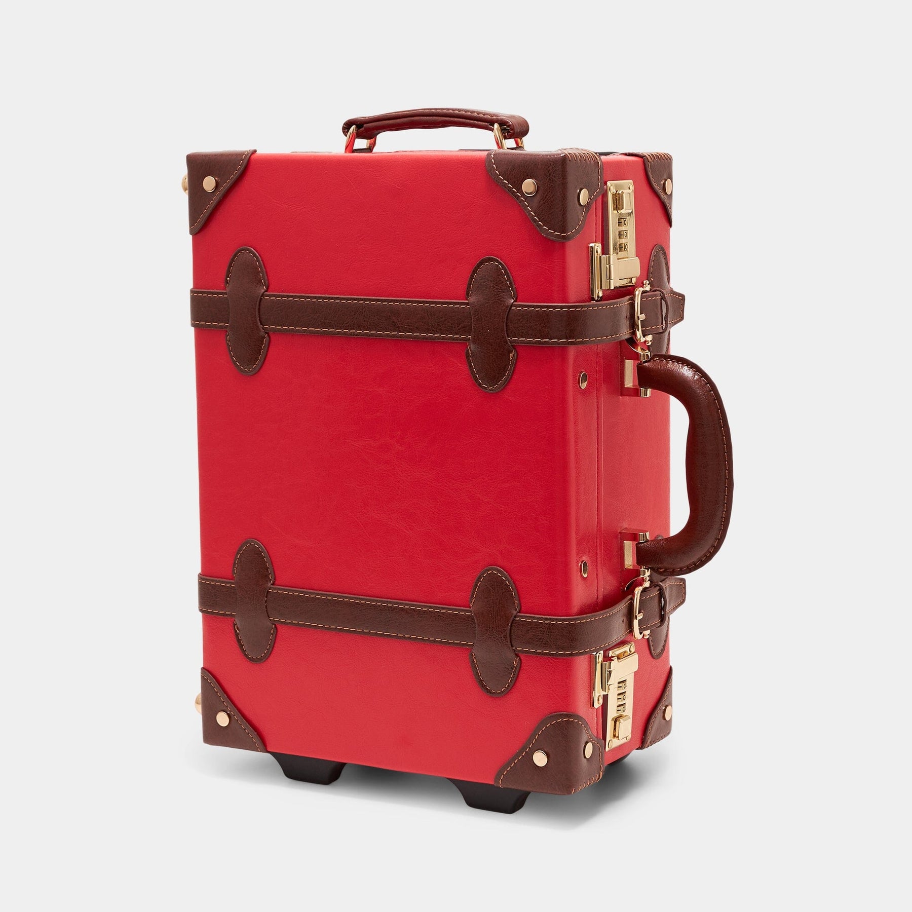 Angled product view of the kids carry-on Entrepreneur vegan leather suitcase in red