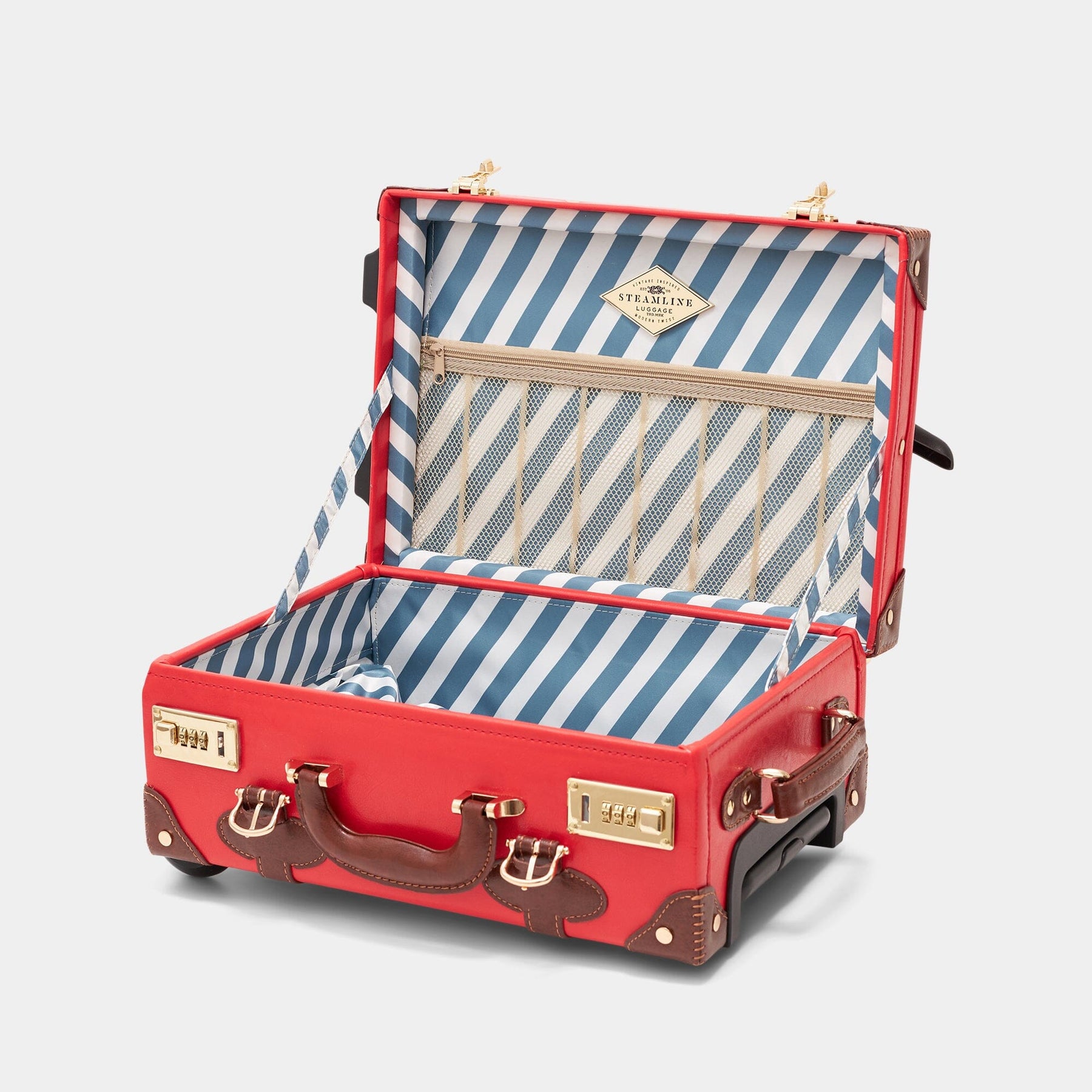 Open product view of the kids carry-on Entrepreneur vegan leather suitcase in red with blue-white stripe print lining