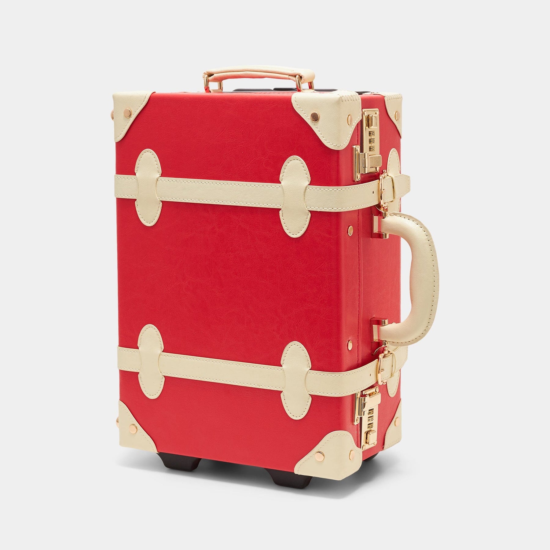 Angled product view of the kids carry-on Entrepreneur vegan leather suitcase in lipstick red