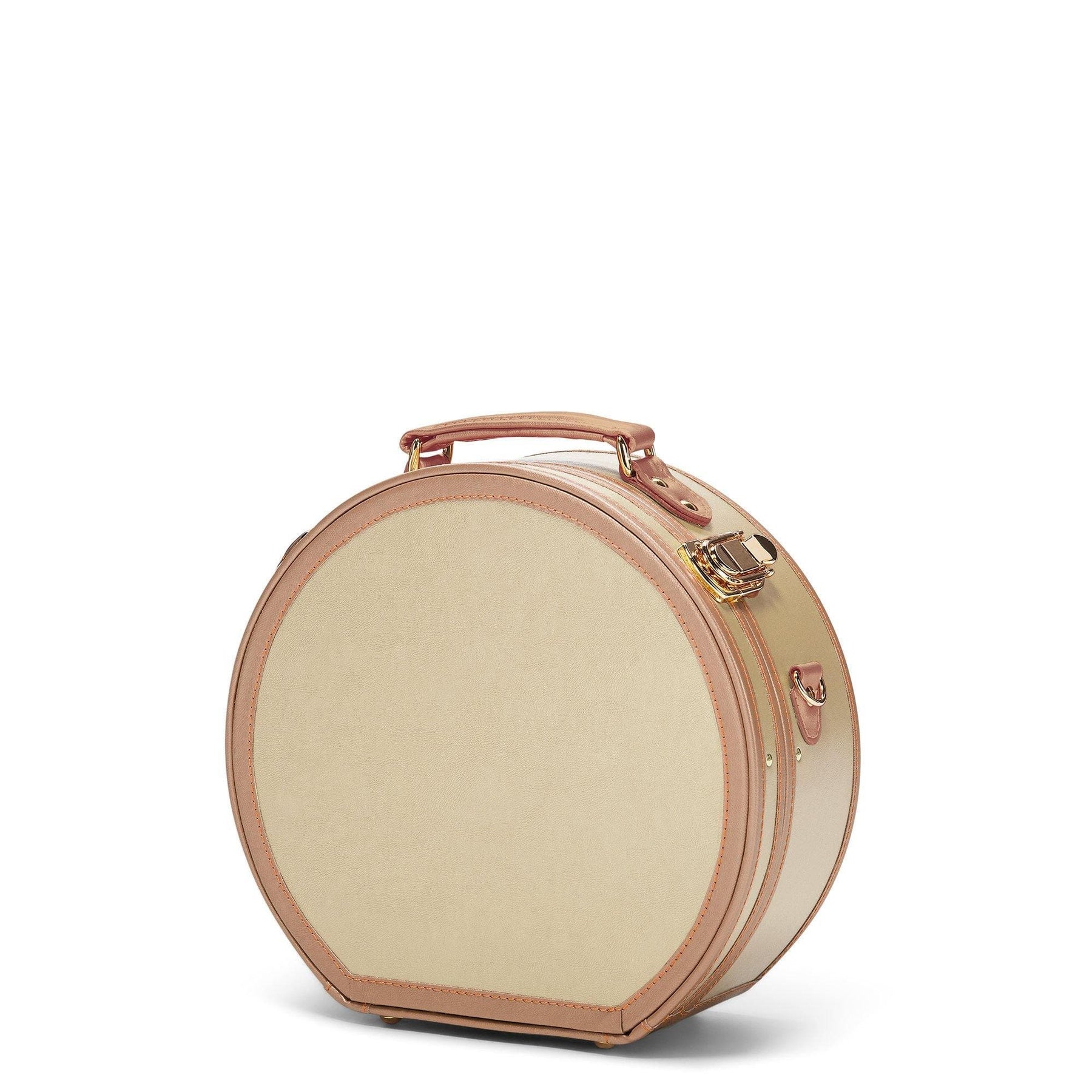 Angled product view of the small hatbox Alchemist vegan leather suitcase in gold