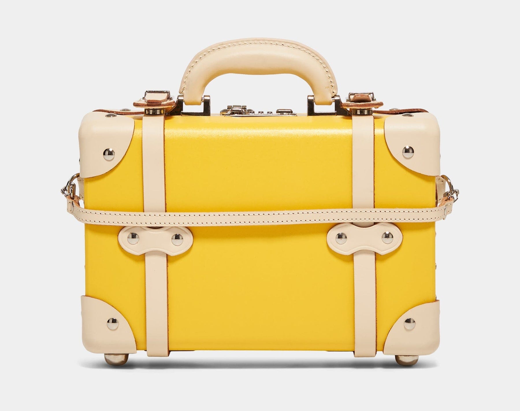 Back product view of the vanity Correspondent fibreboard suitcase in yellowwith detachable suitcase strap