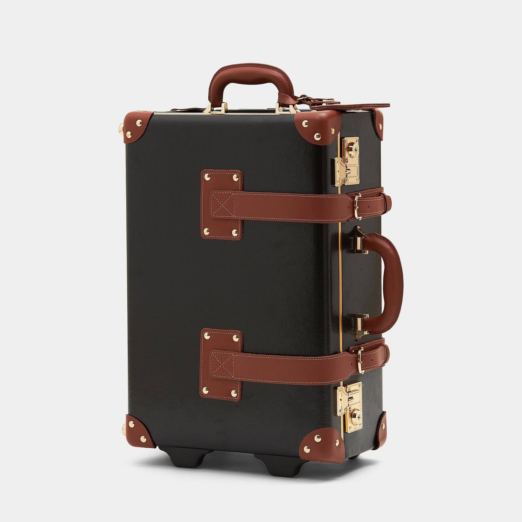 Angled product view of the carry-on Diplomat leather suitcase in black