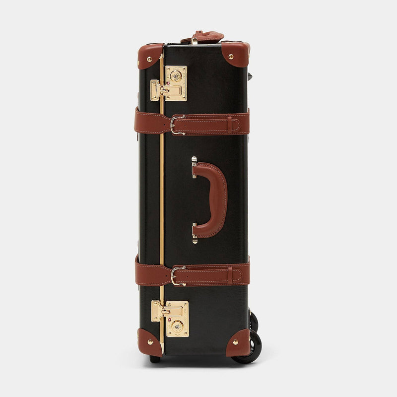 Side product view of the stowaway Diplomat leather suitcase in black