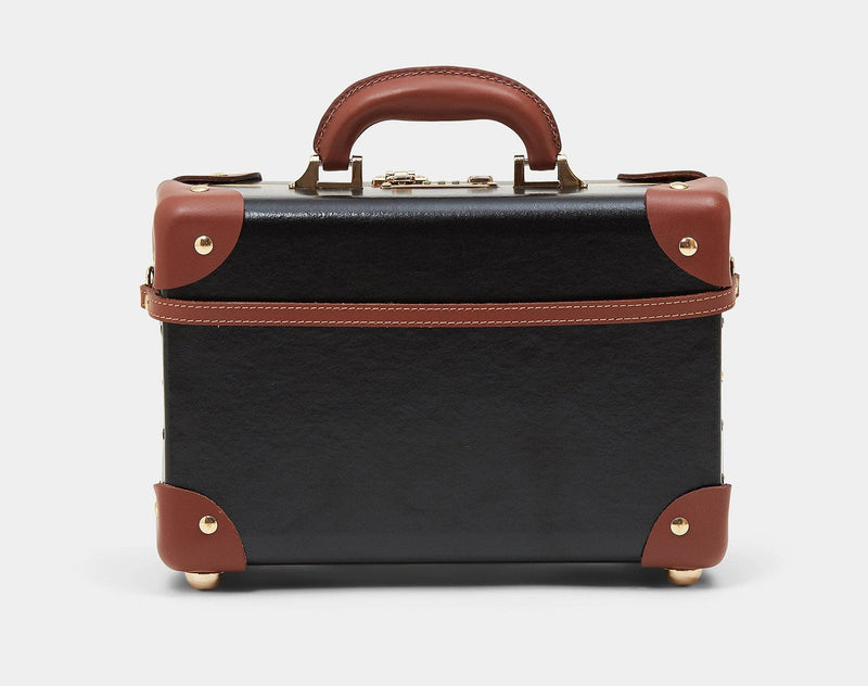 Product view of the vanity Diplomat leather suitcase in black with suitcase attachment strap