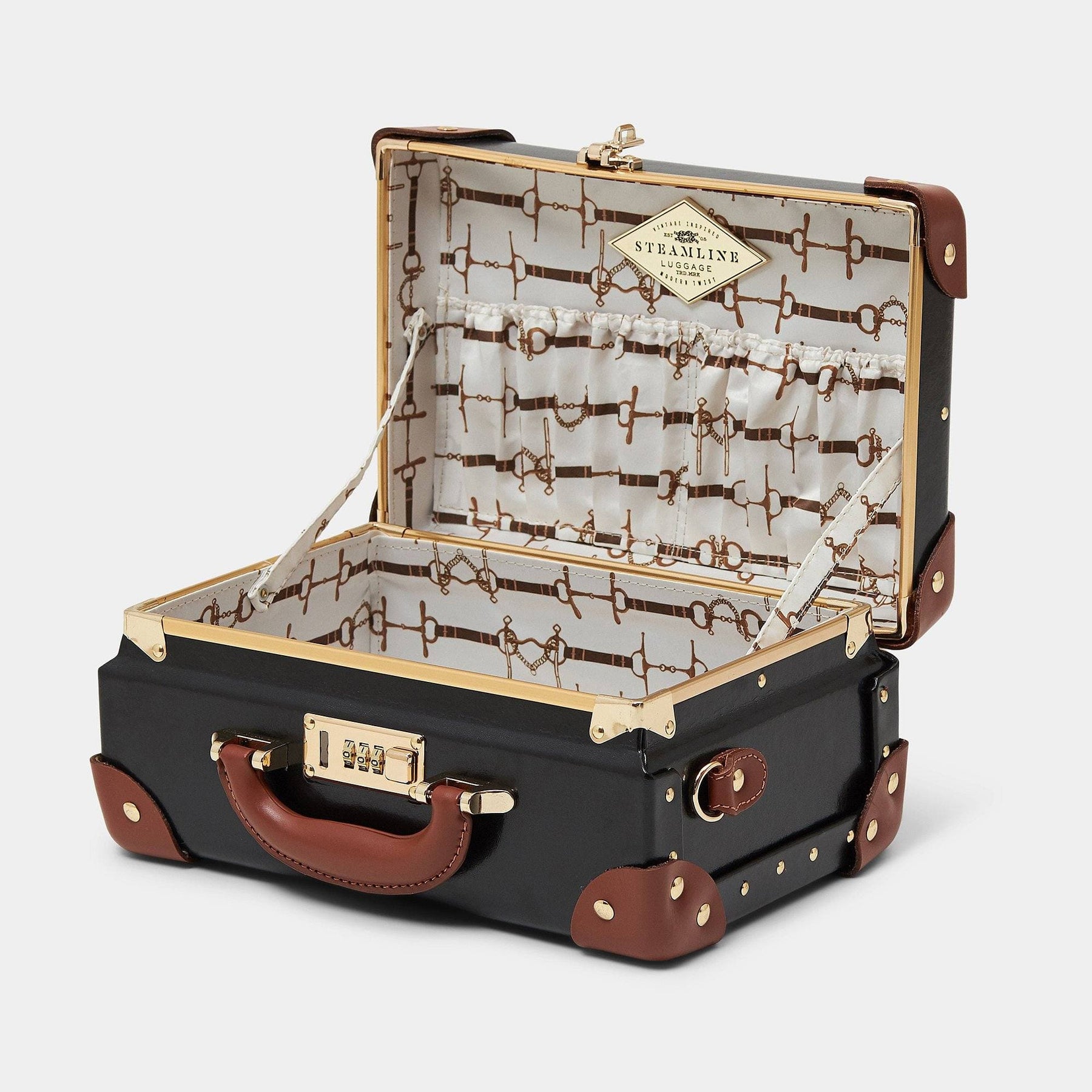 Open product view of the vanity Diplomat leather suitcase in black with snaffle-bit printed lining