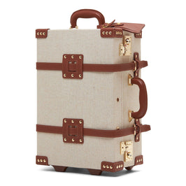 Angled product view of the carry-on Editor linen suitcase with brown trims