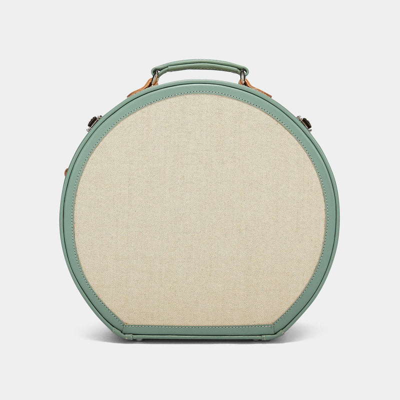 Back product view of the large hatbox Editor linen suitcase with sea green trims