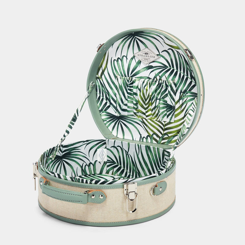 Open product view of the large hatbox Editor linen suitcase with sea green trims and palm-leaf print lining