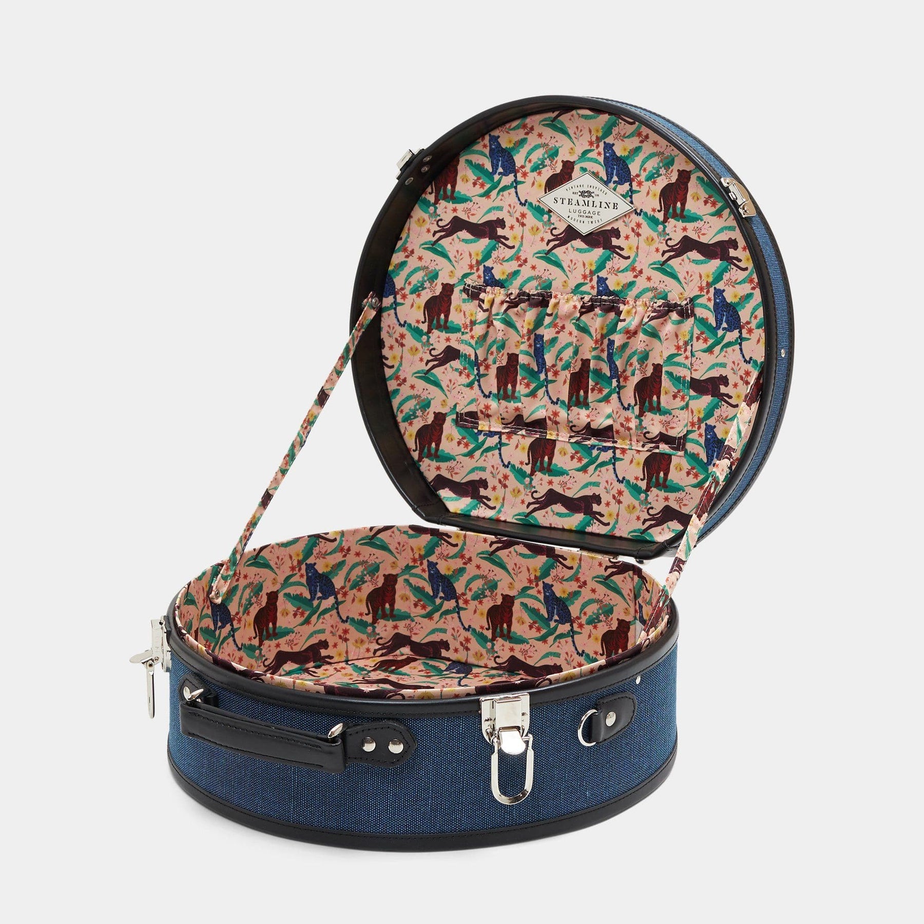 Open product view of the large hatbox Editor linen suitcase with navy body, black trims and cheetah print lining