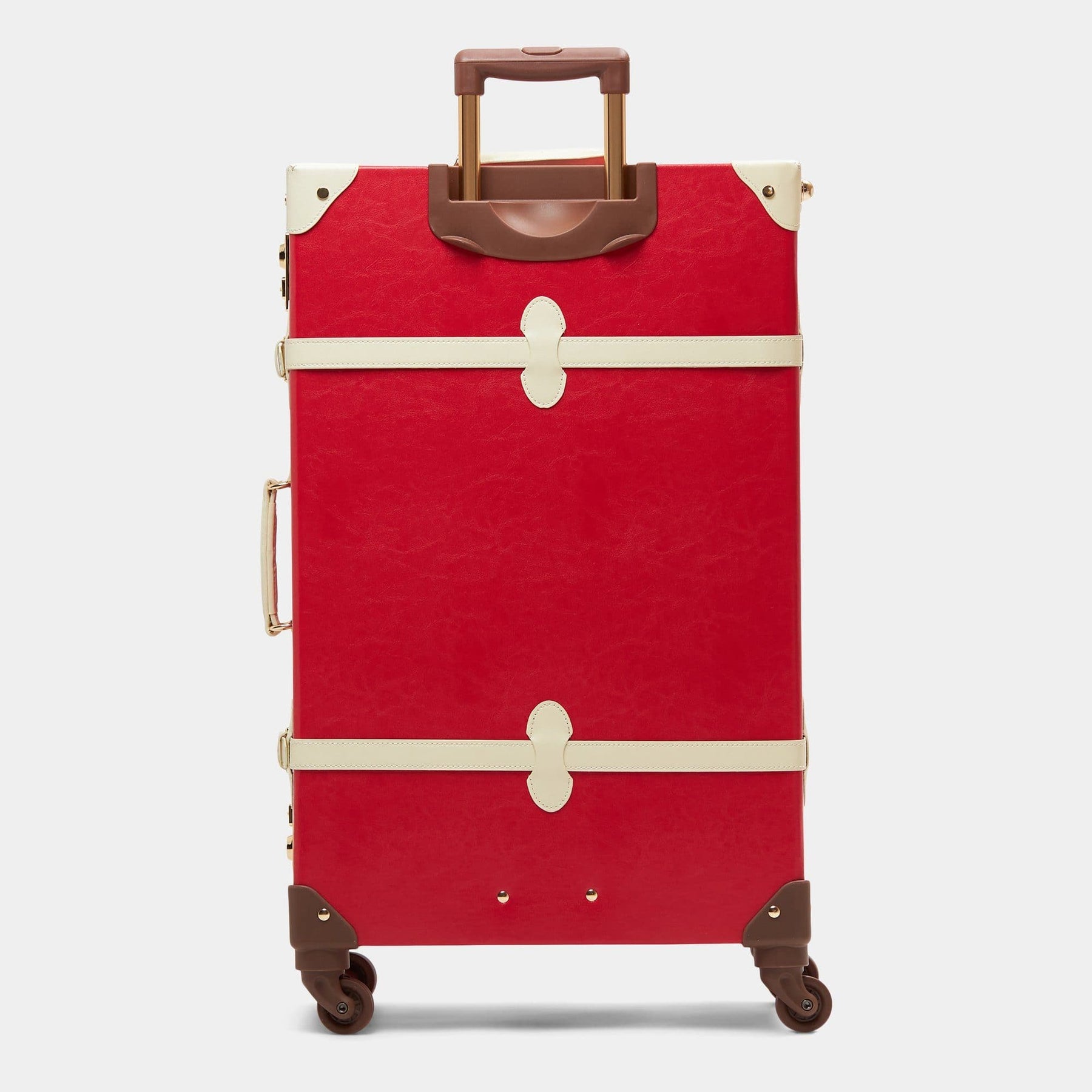 Back product view of the check-in spinner Entrepreneur vegan leather suitcase in lipstick red with raised handle