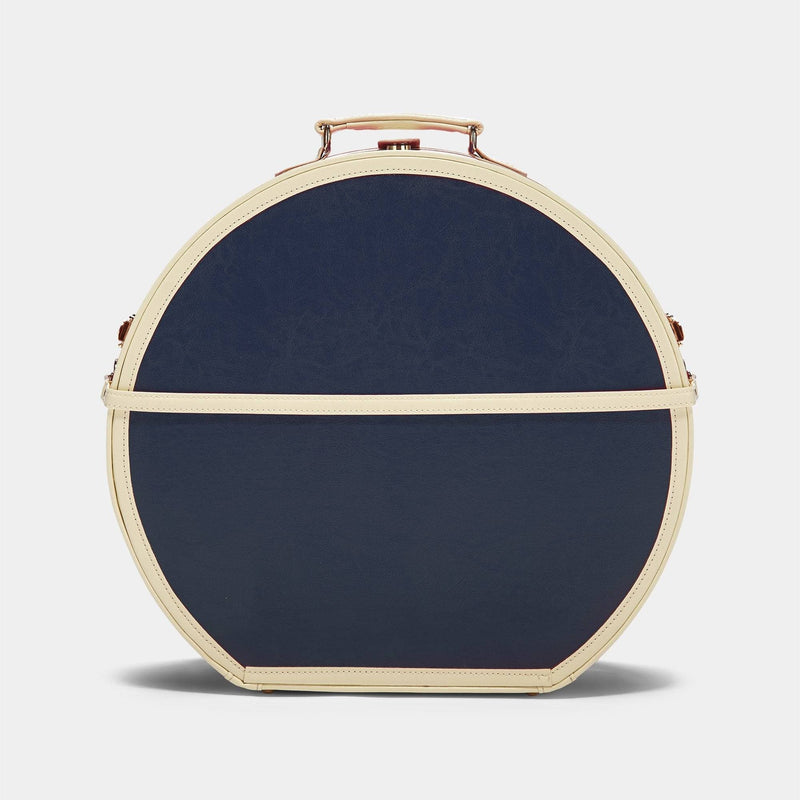 Back product view of the deluxe hatbox Entrepreneur vegan leather suitcase in navy with detachable suitcase strap