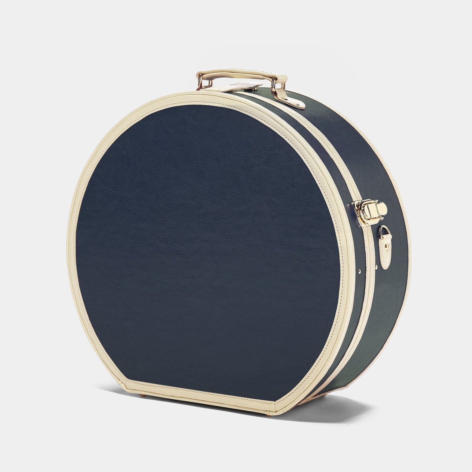 Angled product view of the deluxe hatbox Entrepreneur vegan leather suitcase in navy