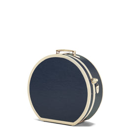 Angled product view of the deluxe hatbox Entrepreneur vegan leather suitcase in navy