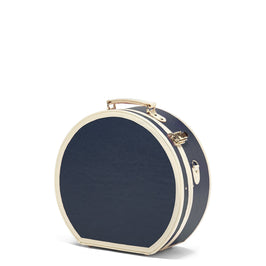 Angled product view of the large hatbox Entrepreneur vegan leather suitcase in navy