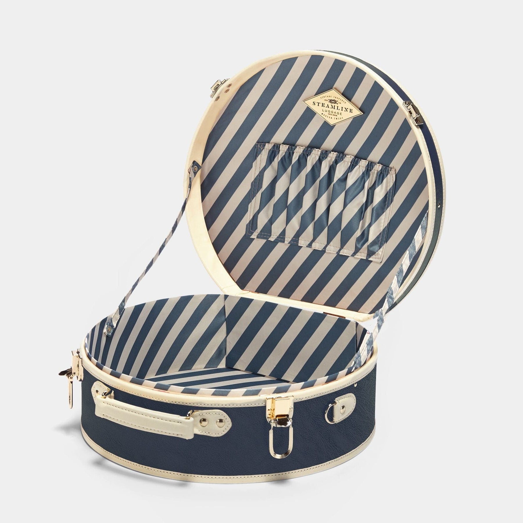 Open product view of the large hatbox Entrepreneur vegan leather suitcase in navy with blue-white stripe print lining