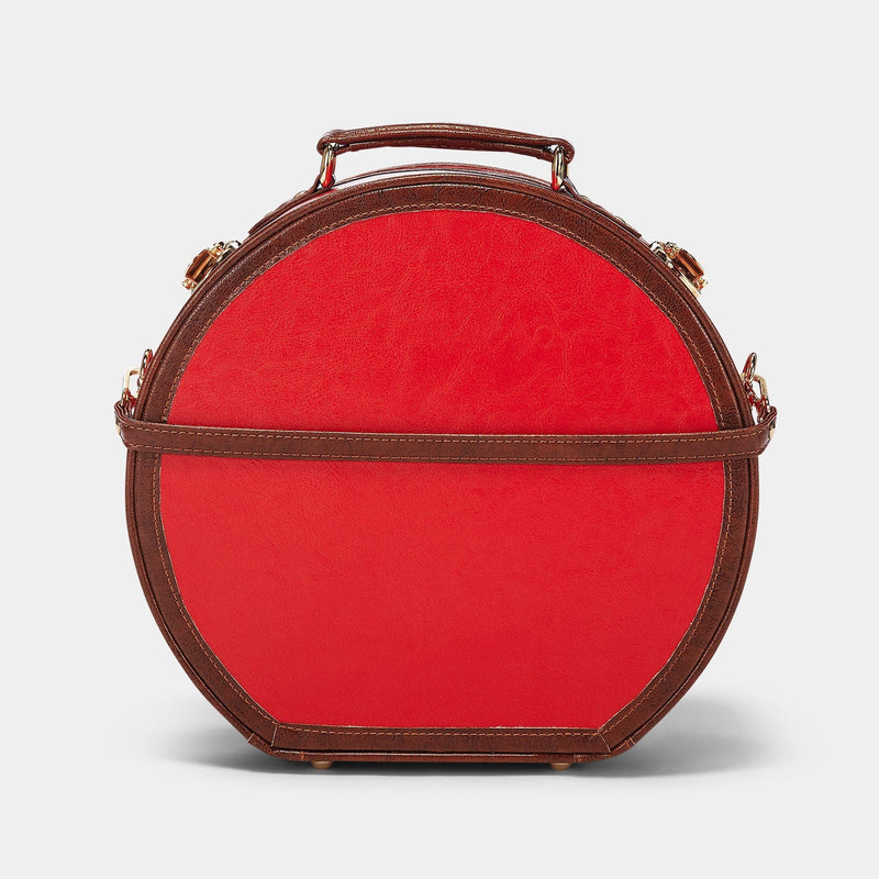 Product view of the deluxe hatbox Entrepreneur vegan leather suitcase in red with detachable suitcase strap