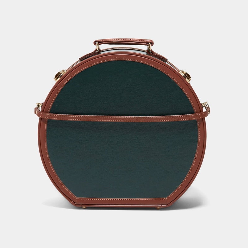 Back product view of the large hatbox Diplomat leather suitcase in hunter green with detachable suitcase strap