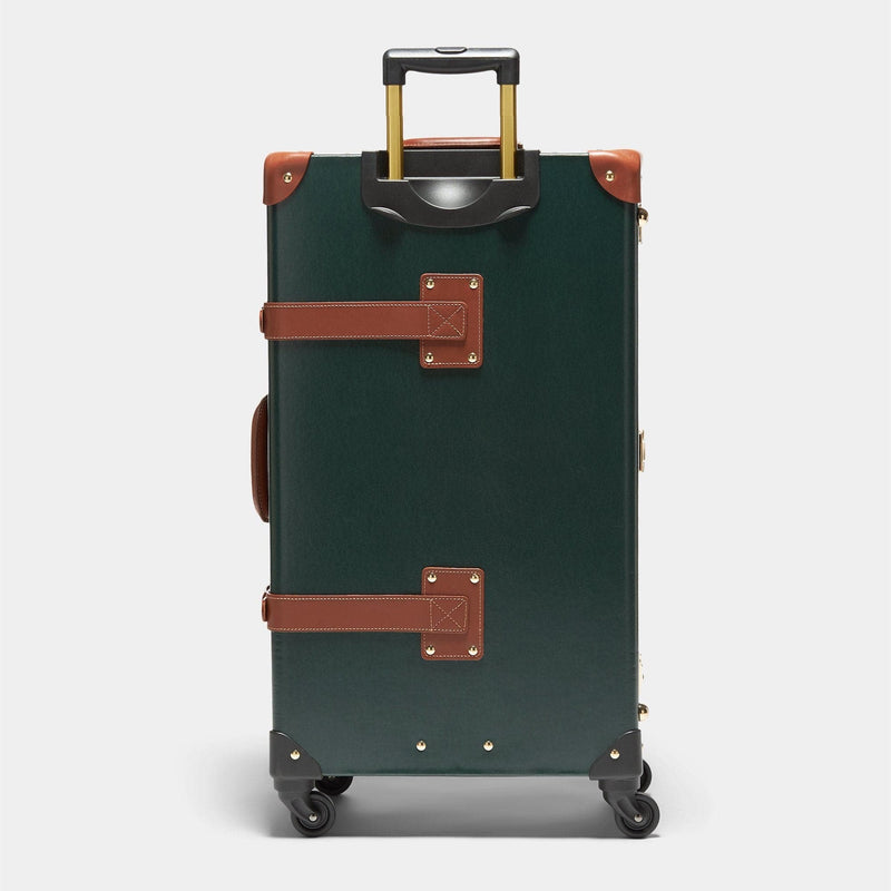 Back product view of the check-in Diplomat leather suitcase in hunter green with raised handle