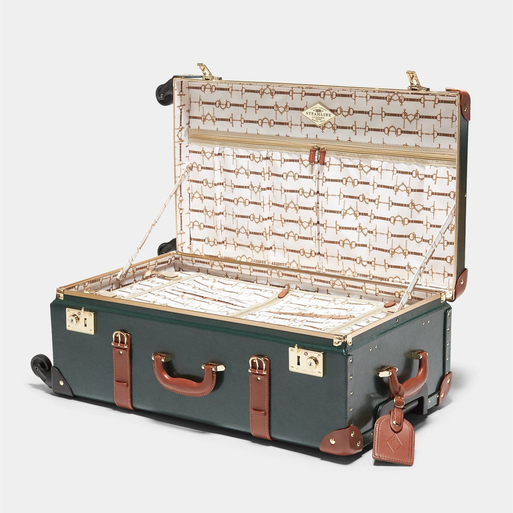 Open product view of the check-in Diplomat leather suitcase in hunter green with snaffle-bit printed lining