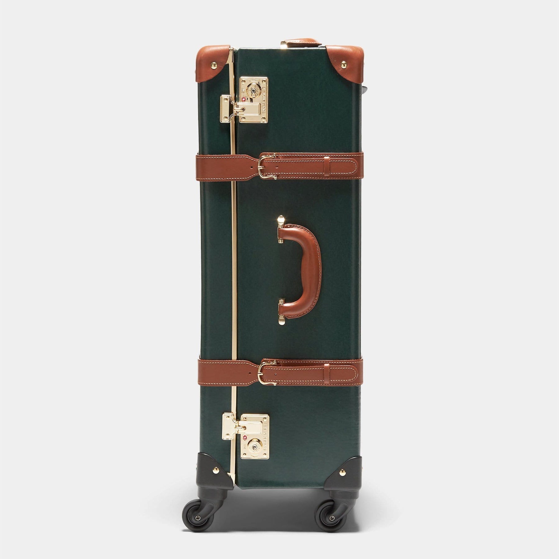 Side product view of the check-in Diplomat leather suitcase in hunter green