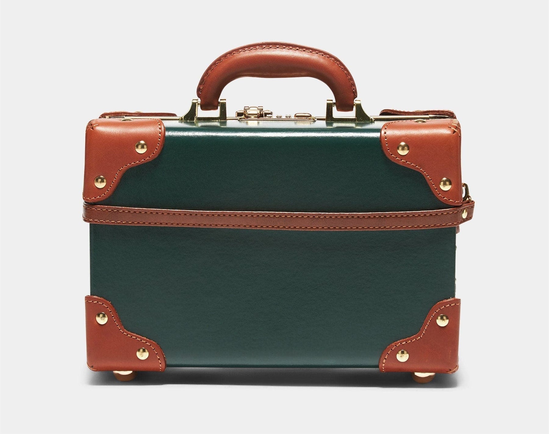 Product view of the vanity Diplomat leather suitcase in hunter green with suitcase attachment strap