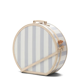 Angled product view of the deluxe hatbox Illustrator fibreboard suitcase in  blue-stripe