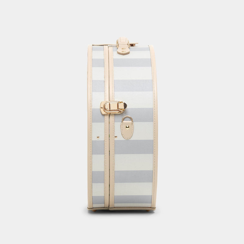 Side product view of the deluxe hatbox Illustrator fibreboard suitcase in blue-stripe