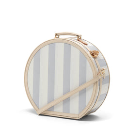 Angled product view of the large hatbox Illustrator fibreboard suitcase in  blue-stripe