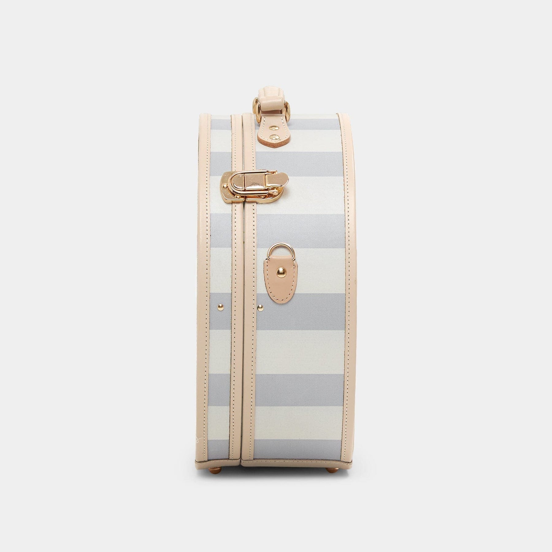 Side product view of the large hatbox Illustrator fibreboard suitcase in blue-stripe