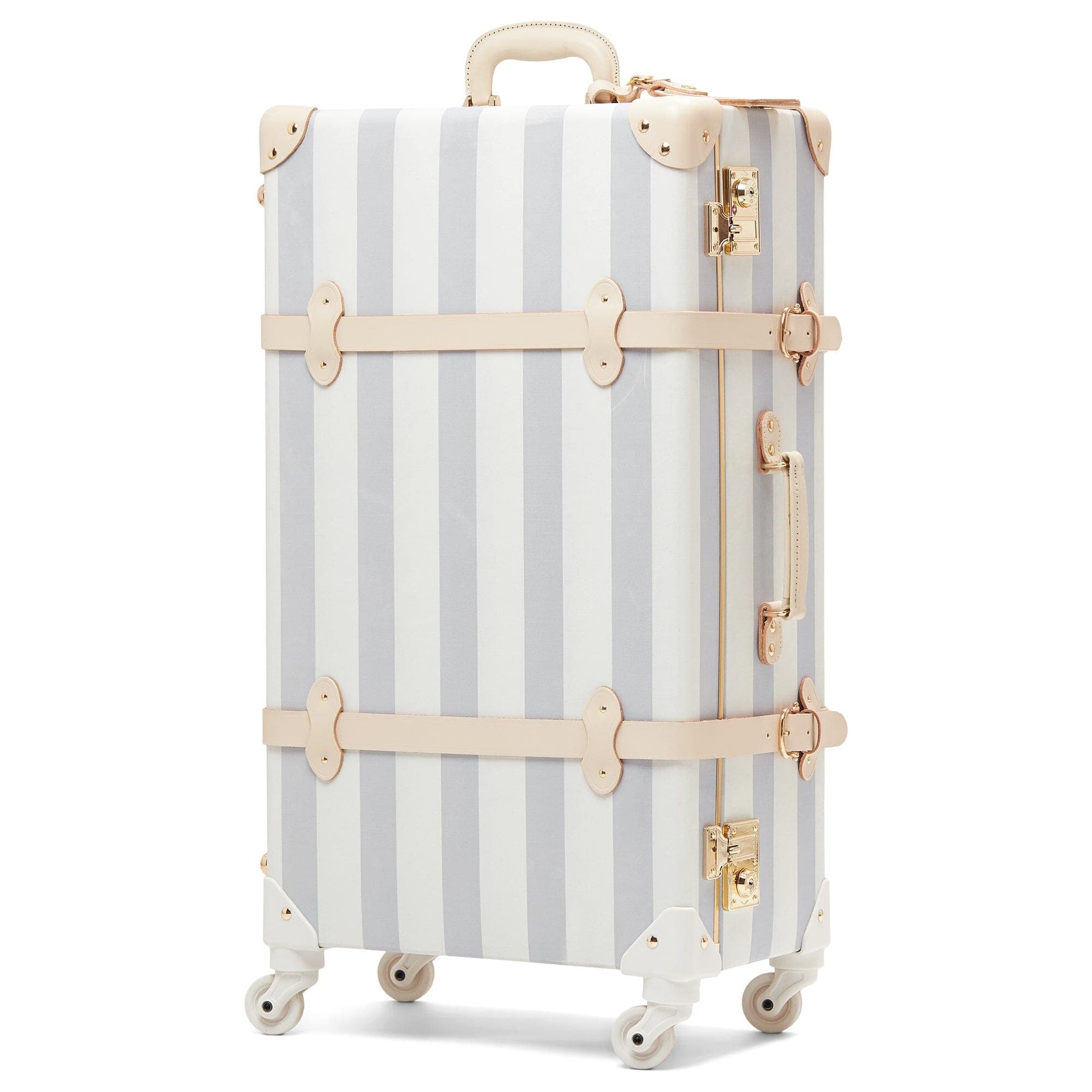 Angled product view of the check-in spinner Illustrator fibreboard suitcase in  blue-stripe 