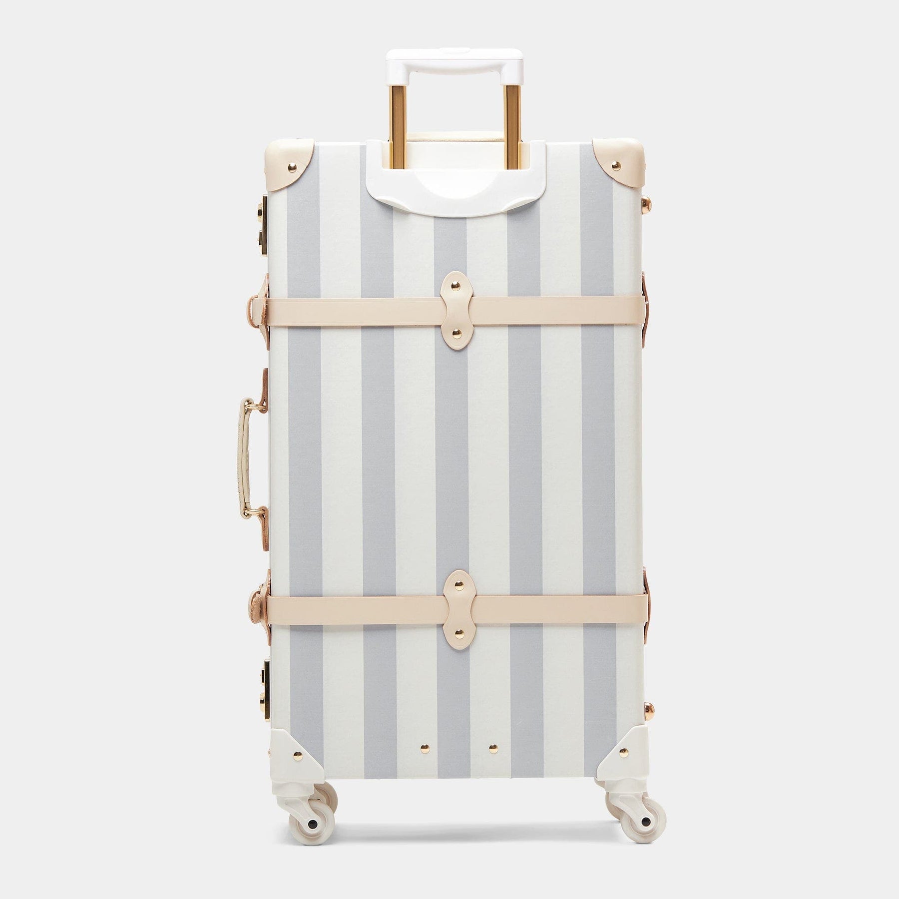 Back product view of the check-in spinner Illustrator fibreboard suitcase in blue-stripe with raised handle