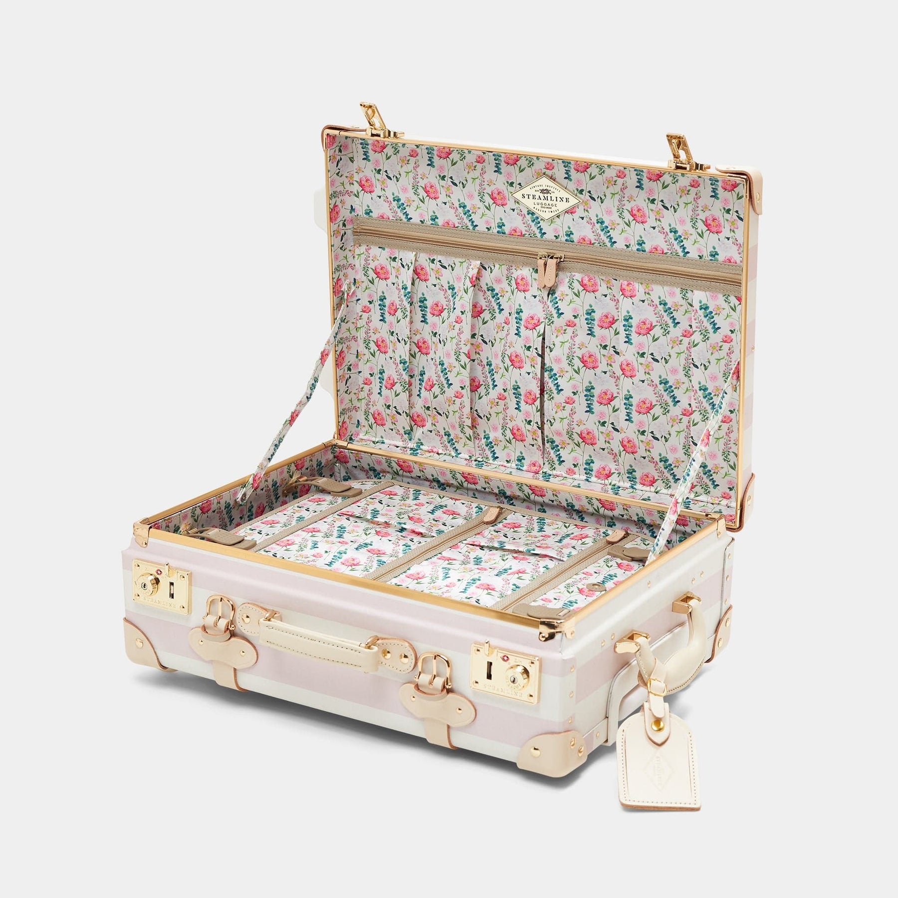 Open product view of the carry-on Illustrator fibreboard suitcase in pink-stripe with wildflower print lining