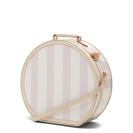 Angled product view of the large hatbox Illustrator fibreboard suitcase in  pink-stripe with shoulder attachment strap