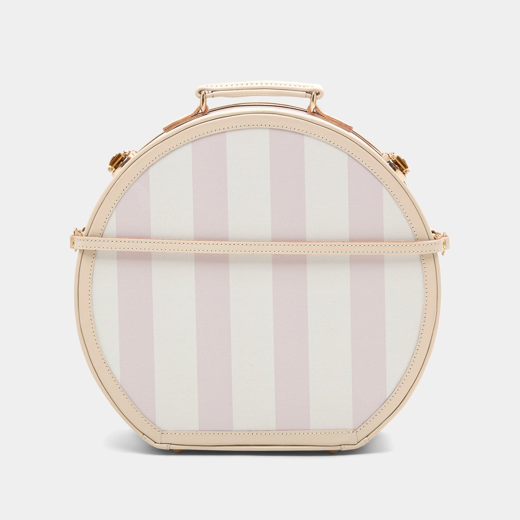 Back product view of the large hatbox Illustrator fibreboard suitcase in pink-stripe with detachable suitcase strap