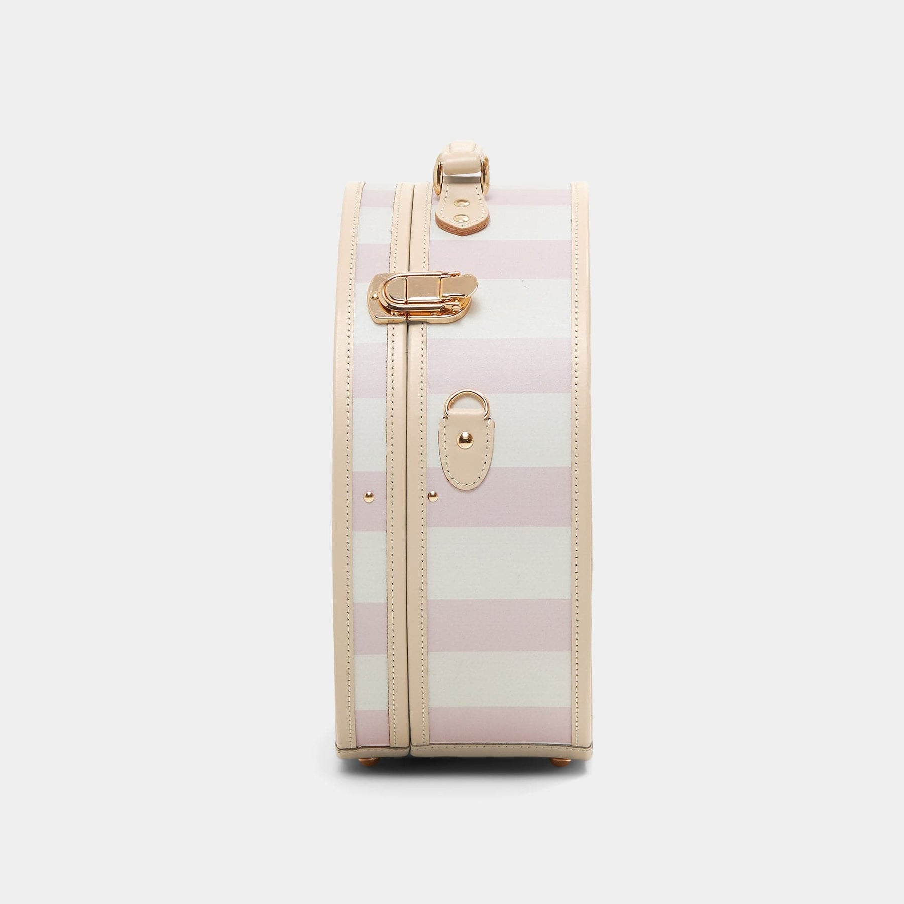 Side product view of the large hatbox Illustrator fibreboard suitcase in pink-stripe