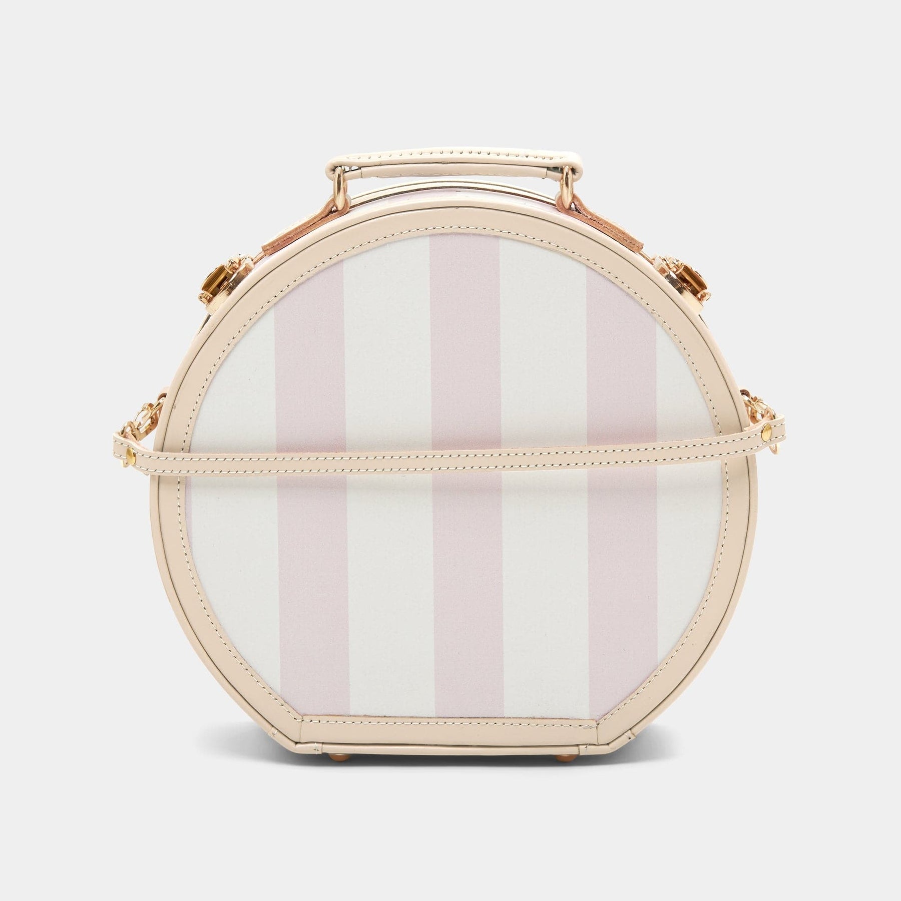 Back product view of the small hatbox Illustrator fibreboard suitcase in pink-stripe with detachable suitcase strap