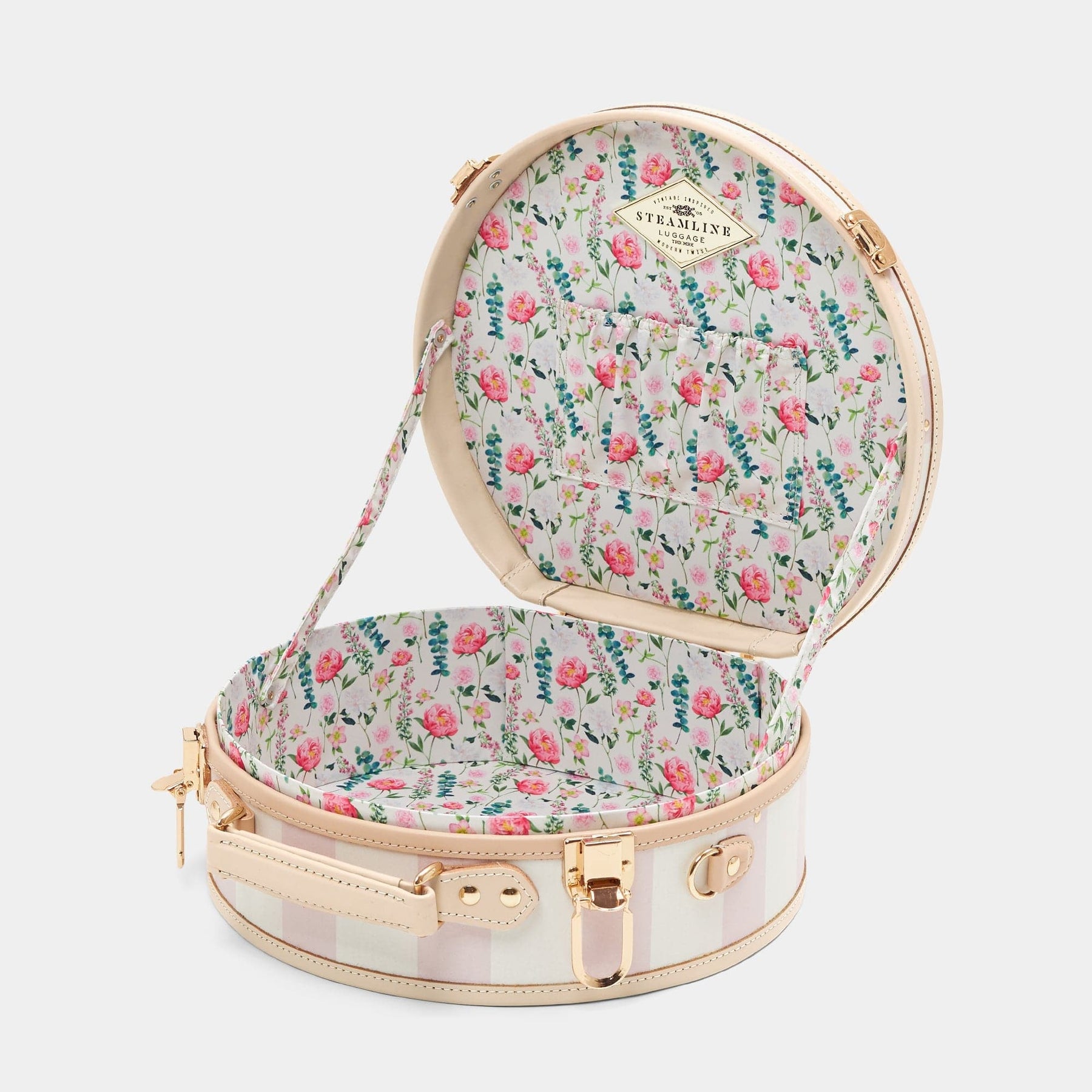 Open product view of the small hatbox Illustrator fibreboard suitcase in pink-stripe with wildflower print lining