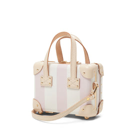 Angled product view of the mini Illustrator fibreboard suitcase in pink-stripe with shoulder attachment strap