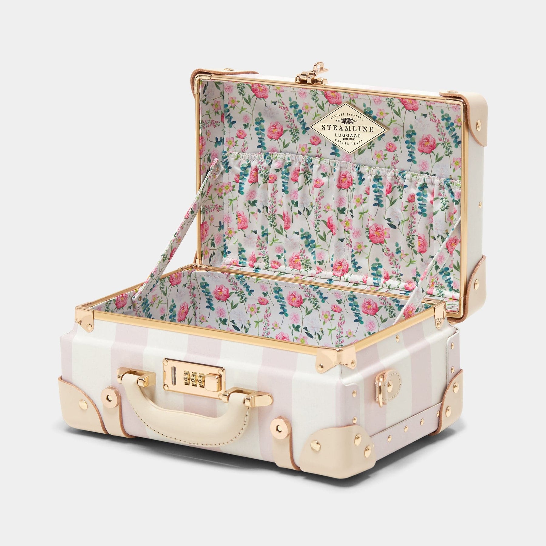 Open product view of the mini Illustrator fibreboard suitcase in pink-stripe with wildflower print lining