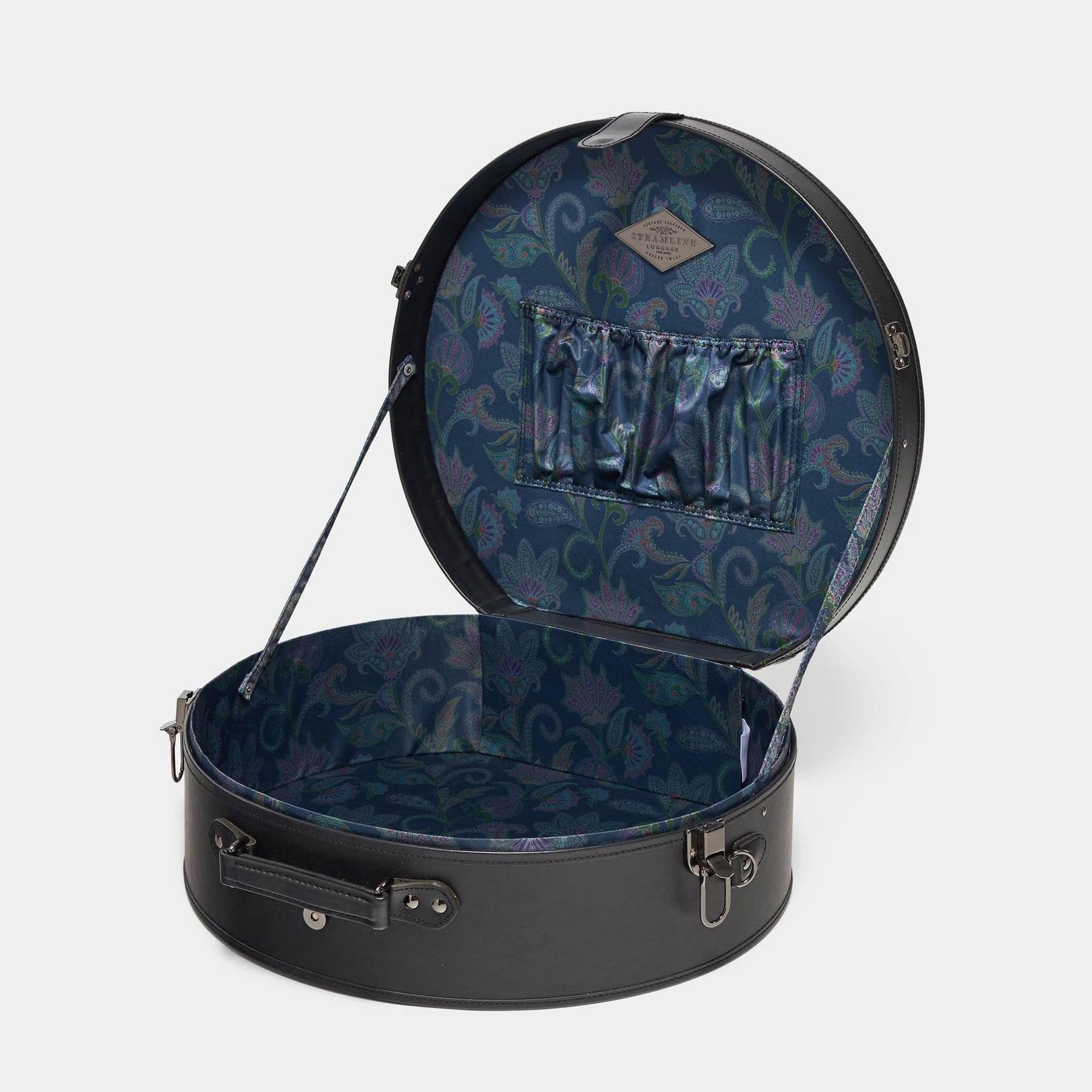 Open product view of the deluxe hatbox Industrialist fibreboard suitcase in black with navy paisley print lining