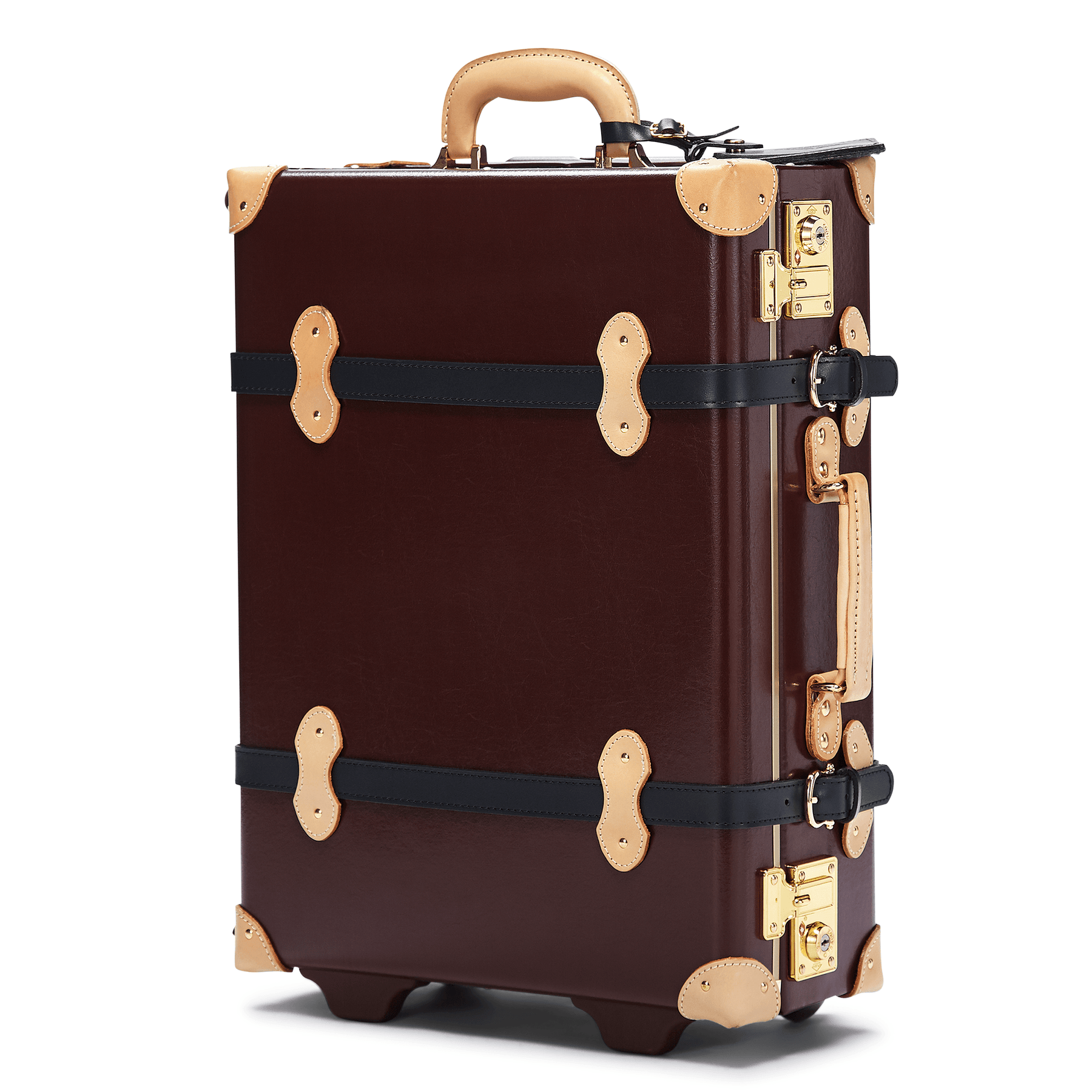 Angled product view of the carry-on Architect leather suitcase in burgundy