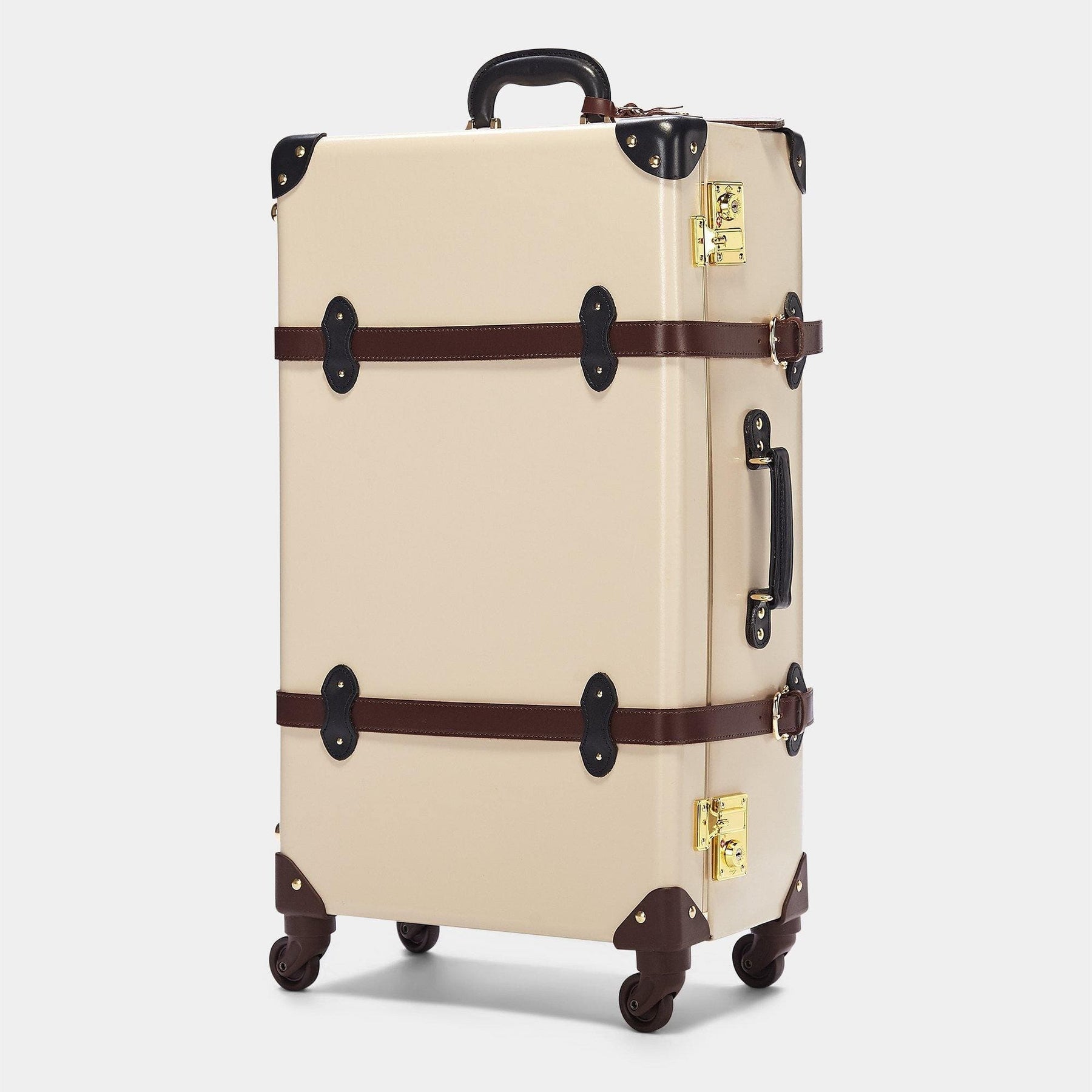 Angled product view of the check-in spinner Architect leather suitcase in cream