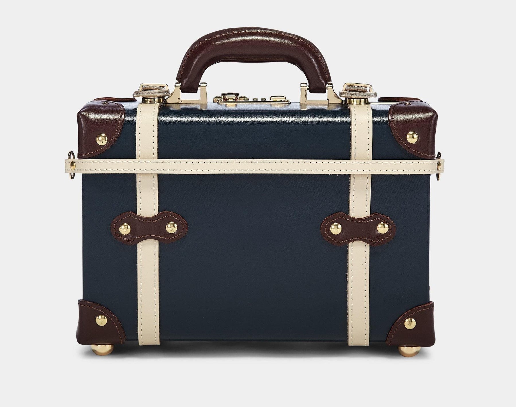 Product view of the vanity Architect leather suitcase in navy with suitcase attachment strap