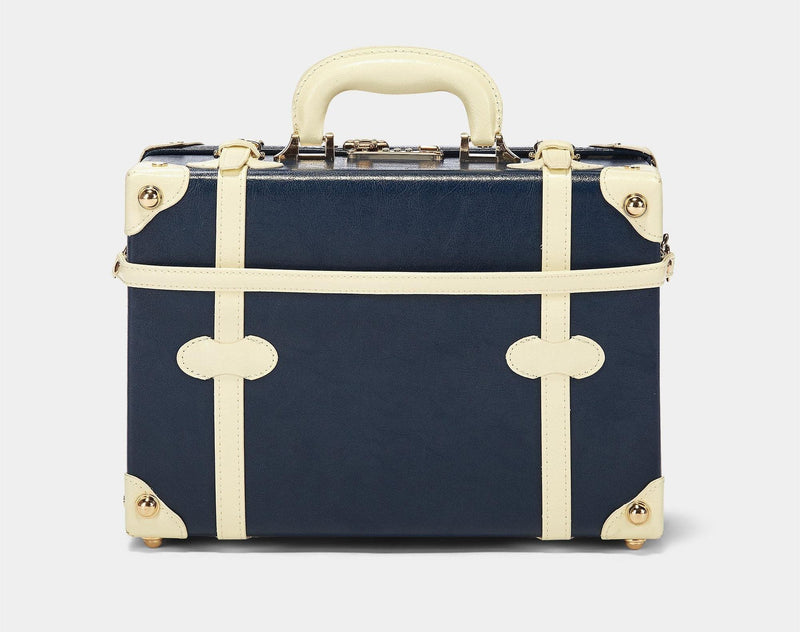 Back product view of the briefcase Entrepreneur vegan leather suitcase in navy with detachable suitcase strap