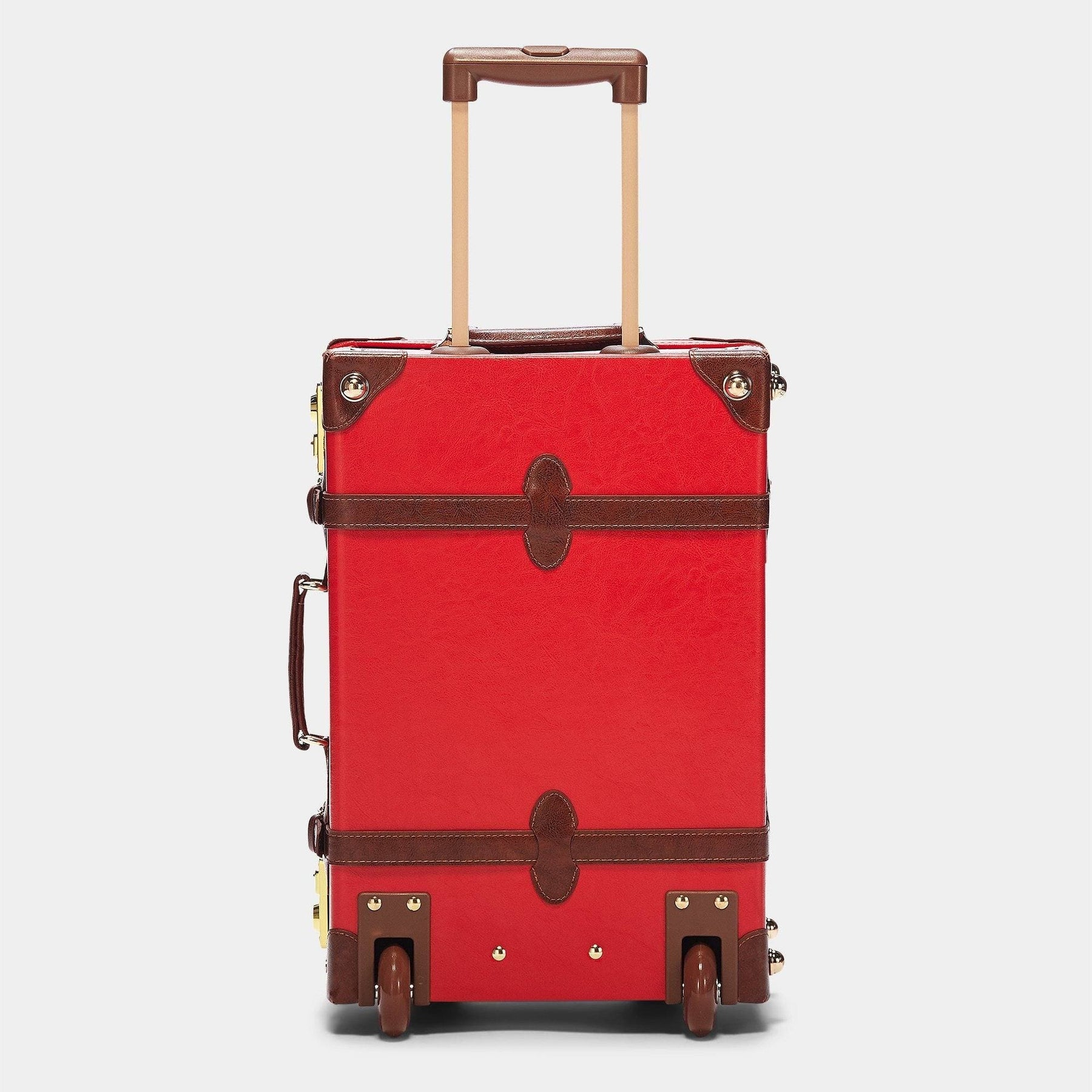 Back product view of the carry-on Entrepreneur vegan leather suitcase in red with raised handle