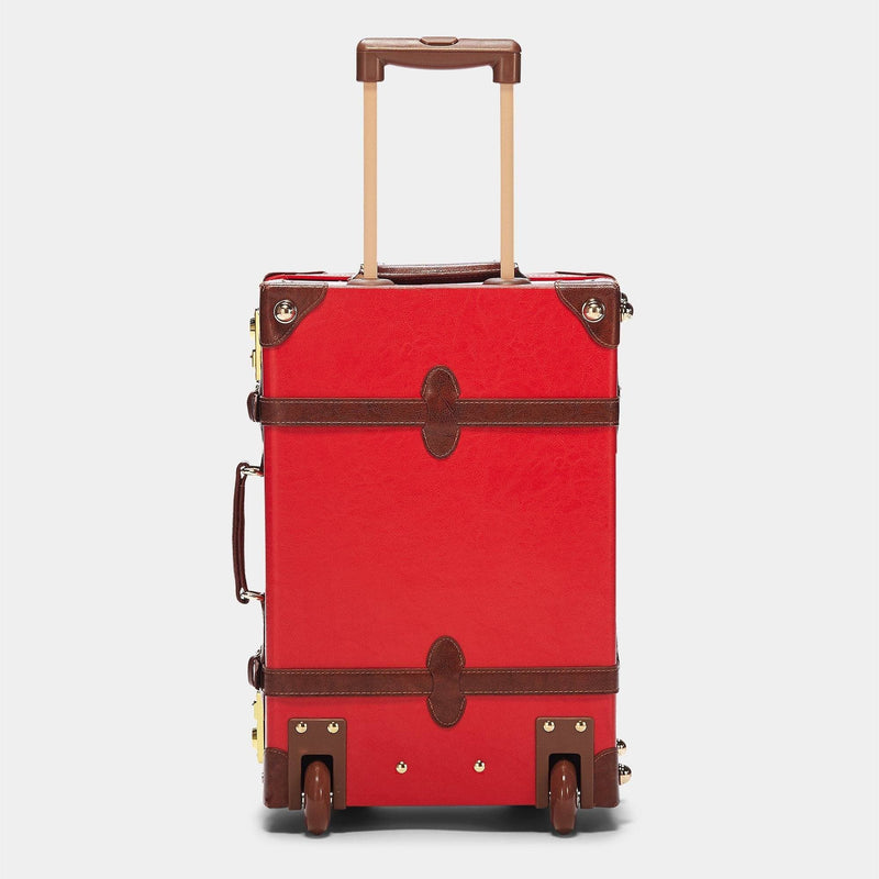 Back product view of the carry-on Entrepreneur vegan leather suitcase in red with raised handle